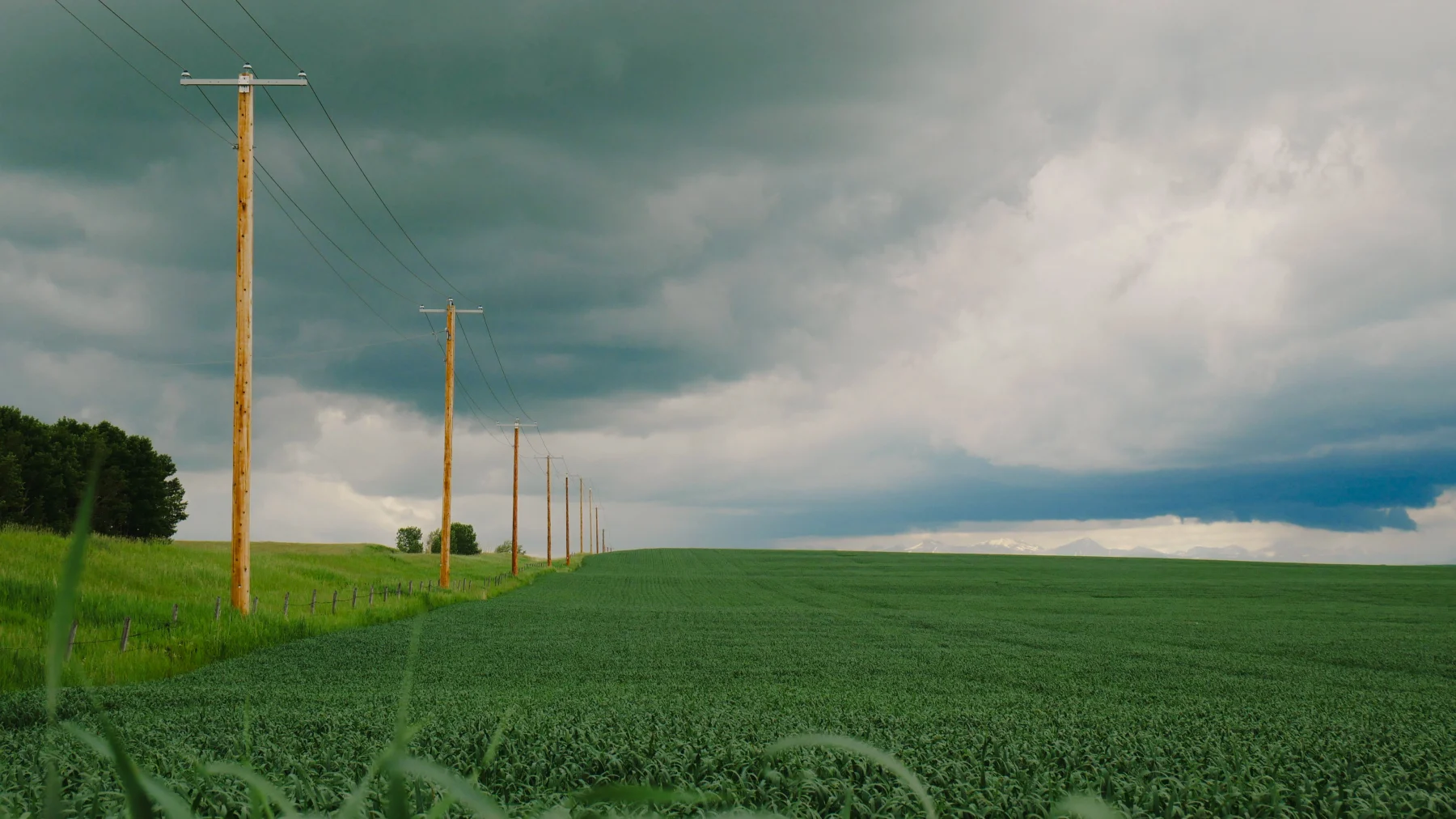 A rural electric installation connects a farm to the main grid — energy infrastructure bridging distance and landscape.